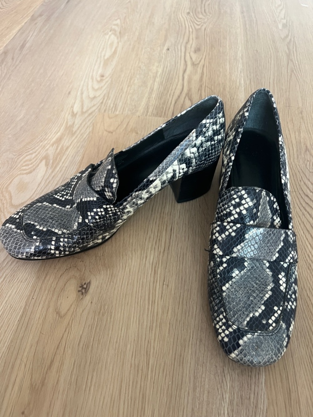 Marc Fisher Snake-Print Block Heel Loafers in Black and Cream